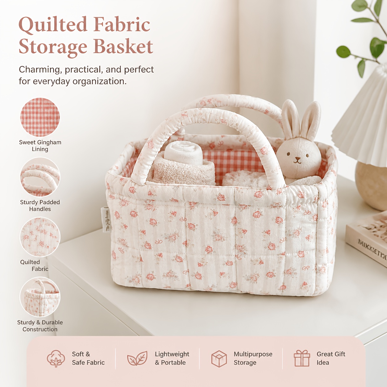 Baby Clothing Basket - سلة تخزين مبطنة بنقوش زهرية، منظم